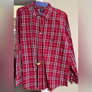 CHAPS Men's XL Long Sleeve Button Front, Red, Blue & White Plaid EUC
